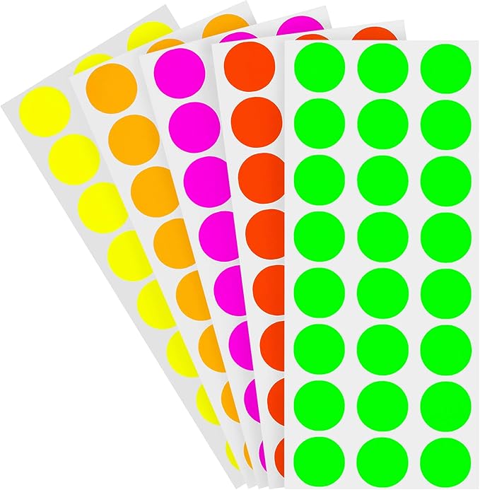 5 厘米)可拆卸颜色代码圆点标签套装,5 种荧光色,1200 个/包